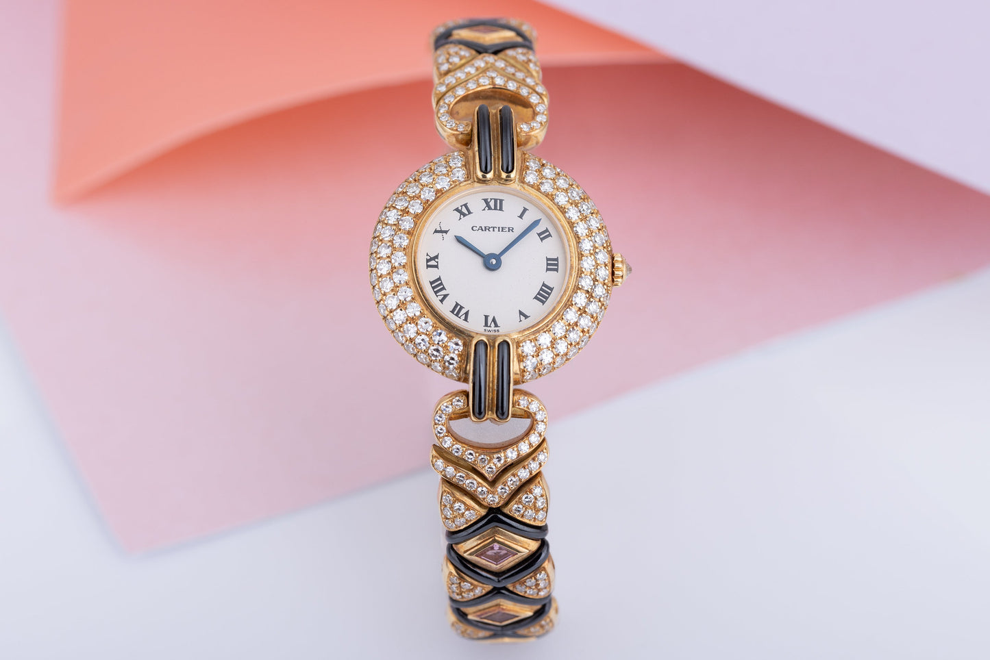 Unworn Cartier Colisee | REF. 881092 | Pave Diamonds, Tourmaline & Hematite | 24mm | 18k Yellow Gold