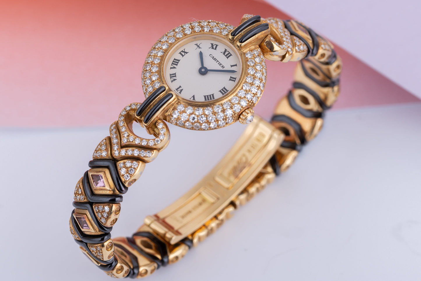 Unworn Cartier Colisee | REF. 881092 | Pave Diamonds, Tourmaline & Hematite | 24mm | 18k Yellow Gold