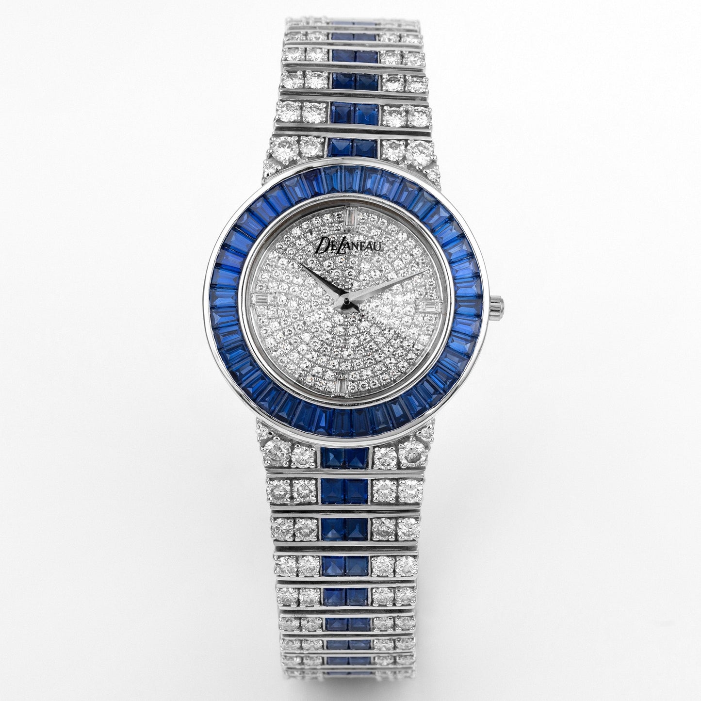 Unworn Rare DeLaneau Wristwatch | Pave Diamond Dial, Sapphire Baguette Bezel & Diamond & Sapphire Bracelet | 18k White Gold