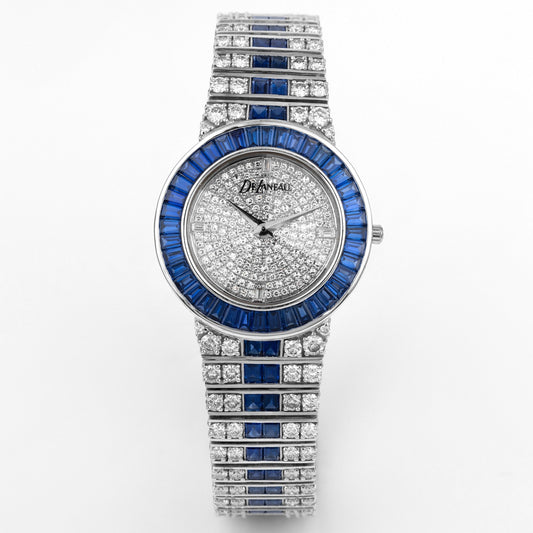 Unworn Rare DeLaneau Wristwatch | Pave Diamond Dial, Sapphire Baguette Bezel & Diamond & Sapphire Bracelet | 18k White Gold