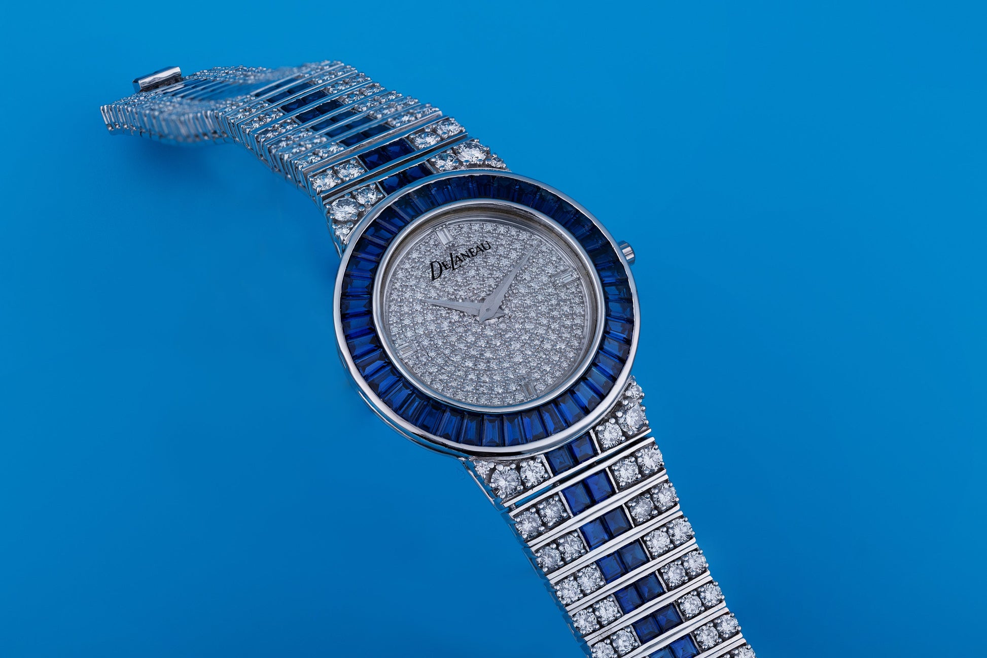 Unworn Rare DeLaneau Wristwatch | Pave Diamond Dial, Sapphire Baguette Bezel & Diamond & Sapphire Bracelet | 18k White Gold