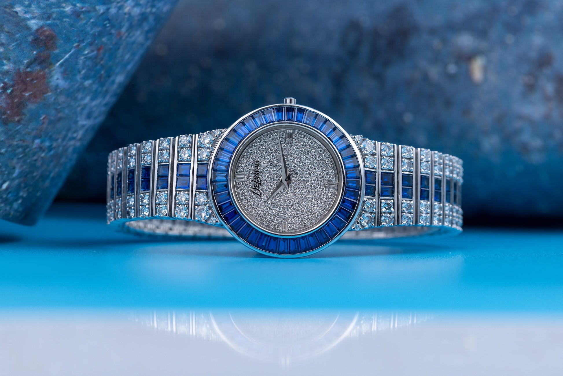 Unworn Rare DeLaneau Wristwatch | Pave Diamond Dial, Sapphire Baguette Bezel & Diamond & Sapphire Bracelet | 18k White Gold