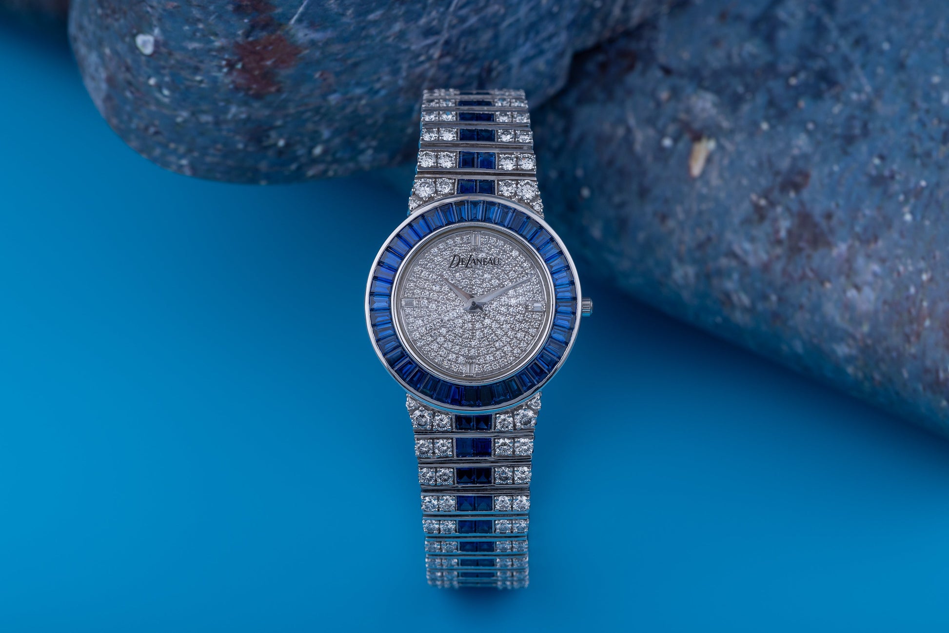 Unworn Rare DeLaneau Wristwatch | Pave Diamond Dial, Sapphire Baguette Bezel & Diamond & Sapphire Bracelet | 18k White Gold