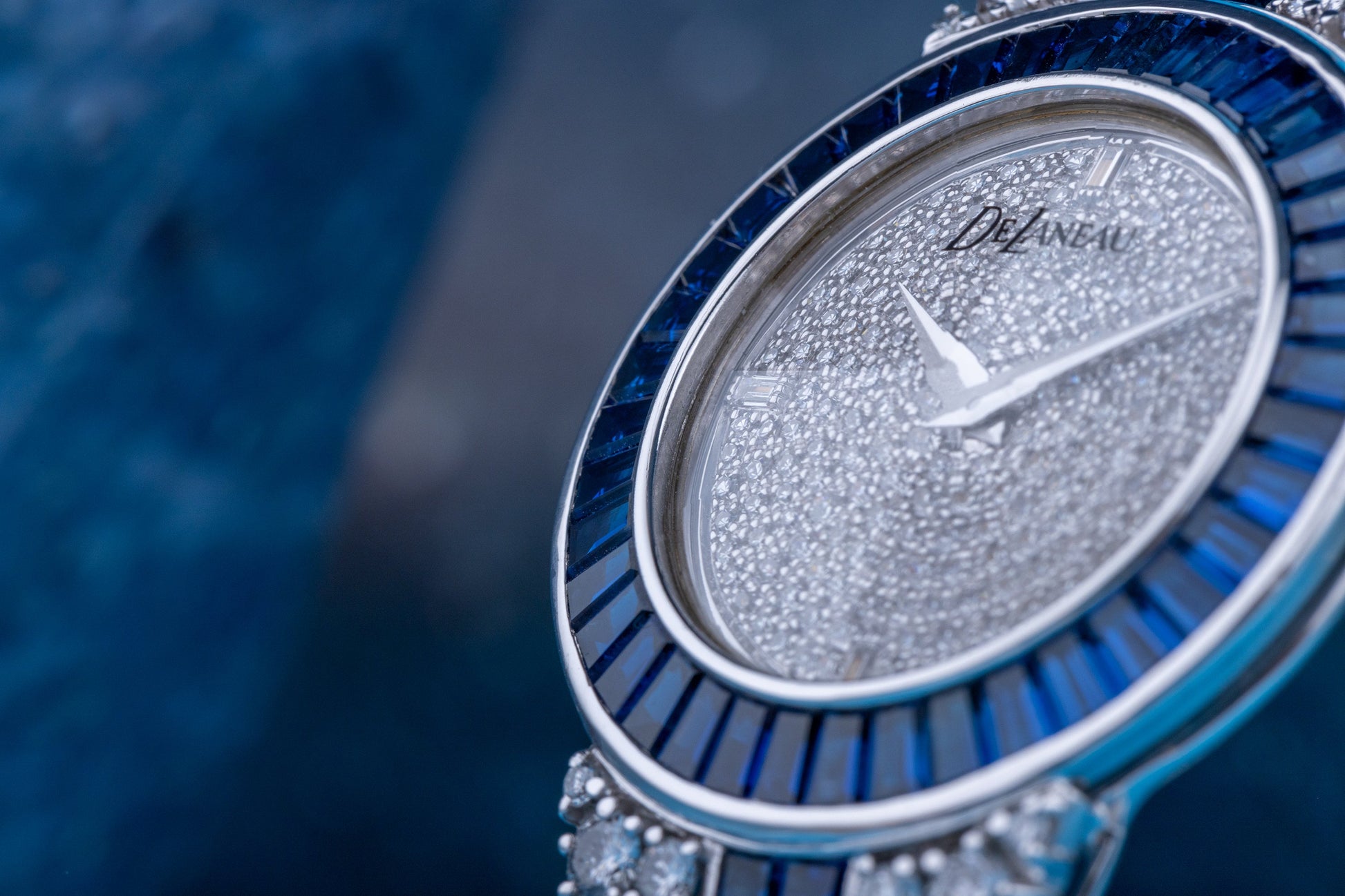 Unworn Rare DeLaneau Wristwatch | Pave Diamond Dial, Sapphire Baguette Bezel & Diamond & Sapphire Bracelet | 18k White Gold