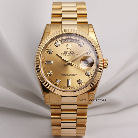 Unworn Factory Full-Set Rolex Day-Date 118238 Champagne Diamond Dial 18K Yellow Gold