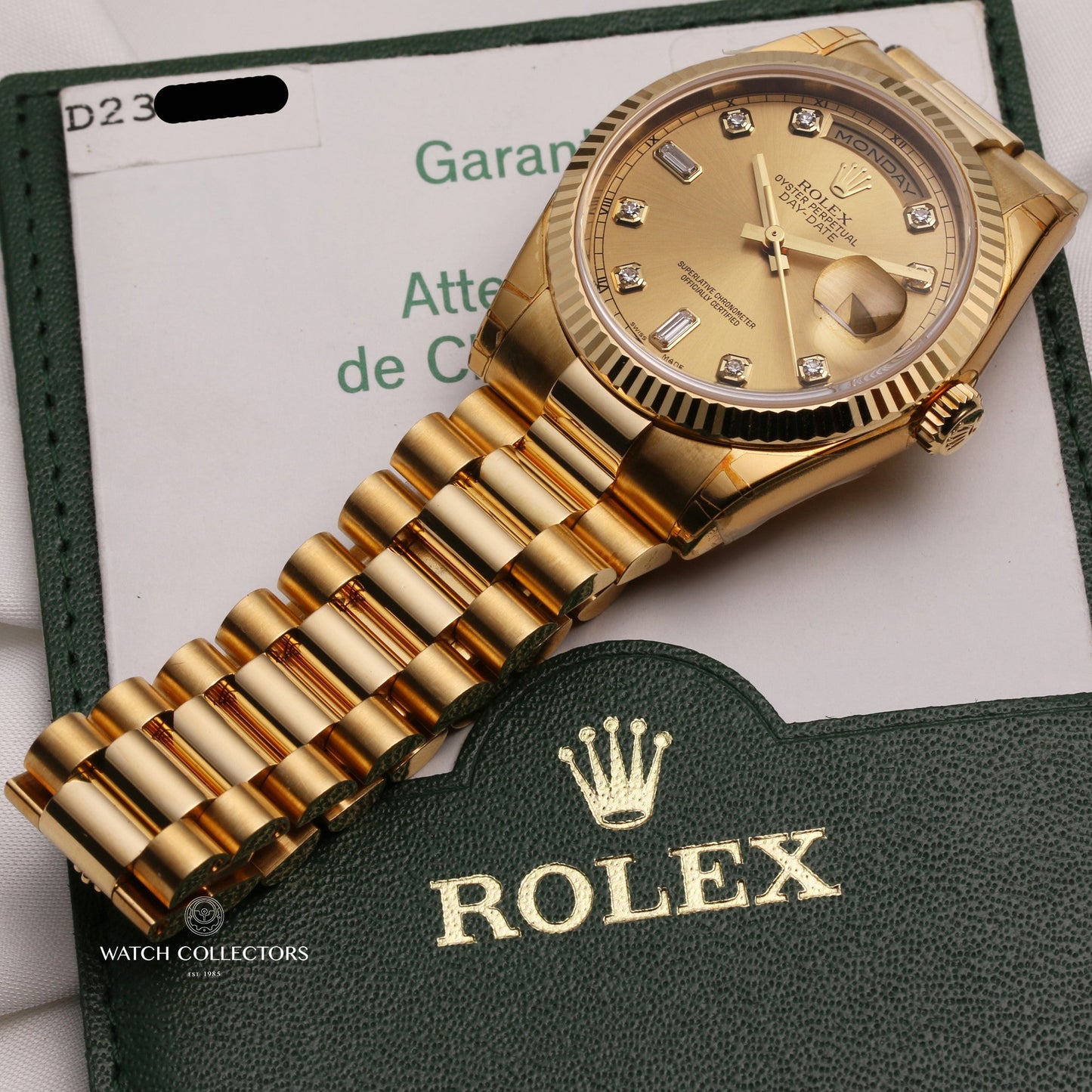 Unworn Factory Full-Set Rolex Day-Date 118238 Champagne Diamond Dial 18K Yellow Gold