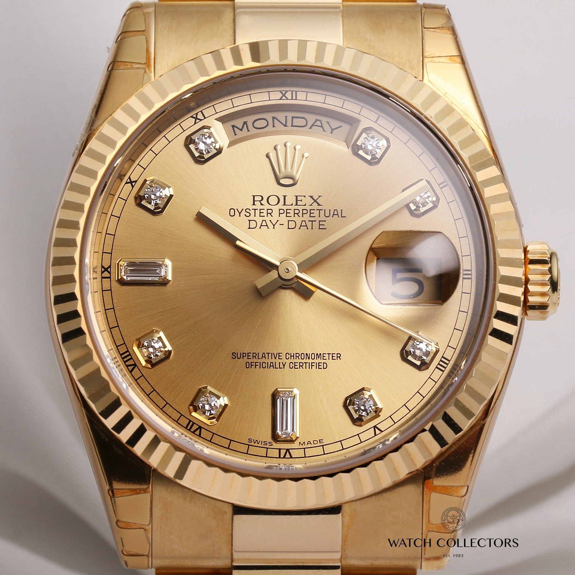 Unworn Factory Full-Set Rolex Day-Date 118238 Champagne Diamond Dial 18K Yellow Gold