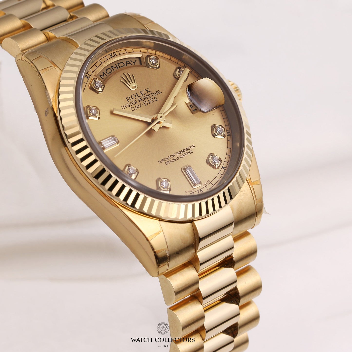 Unworn Factory Full-Set Rolex Day-Date 118238 Champagne Diamond Dial 18K Yellow Gold