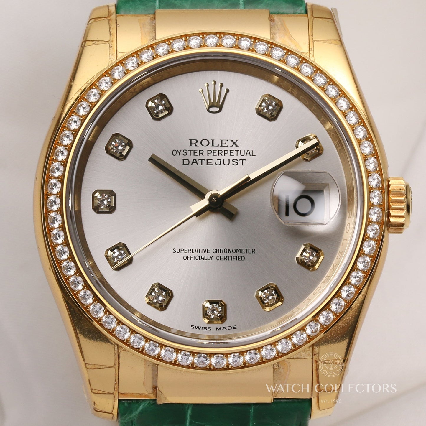 Unworn Factory Full Set Rolex DateJust 116188 18K Yellow Gold Silver Diamond Dial & Bezel