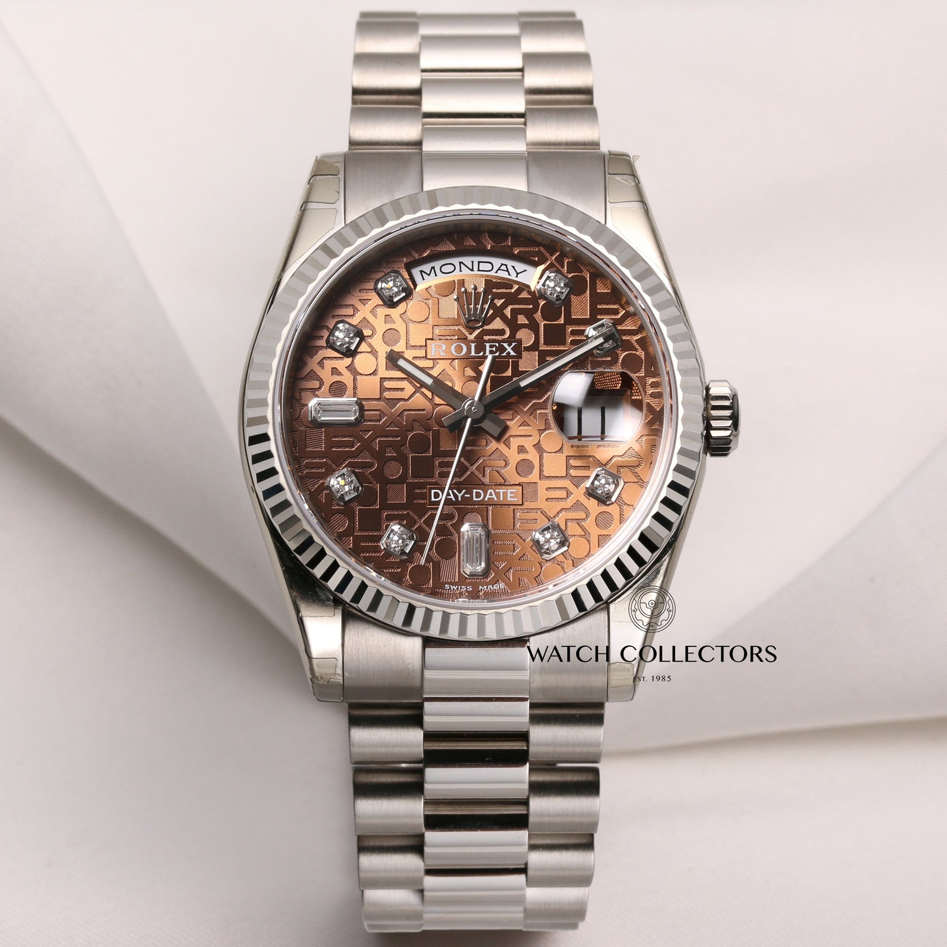 Unworn Factory Full-Set Rolex Day-Date 118239 18K White Gold Brown Jubilee Diamond Dial