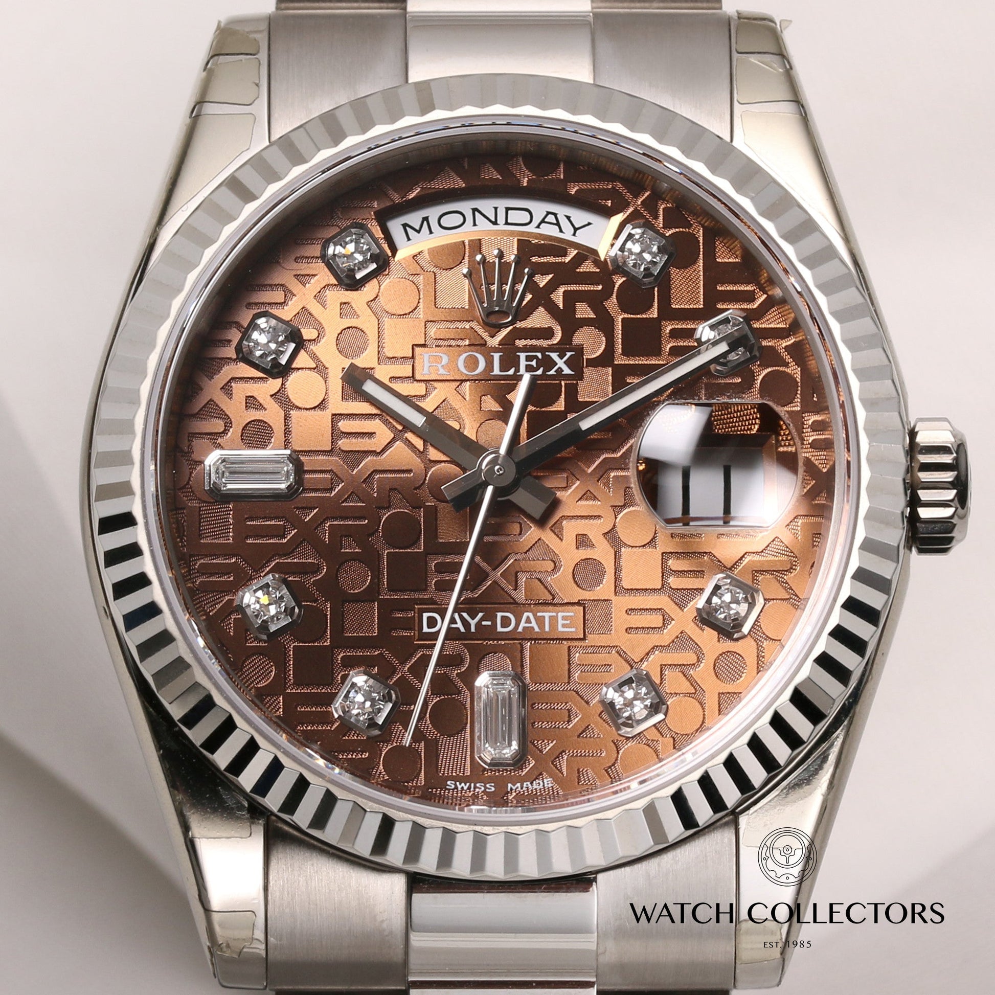 Unworn Factory Full-Set Rolex Day-Date 118239 18K White Gold Brown Jubilee Diamond Dial