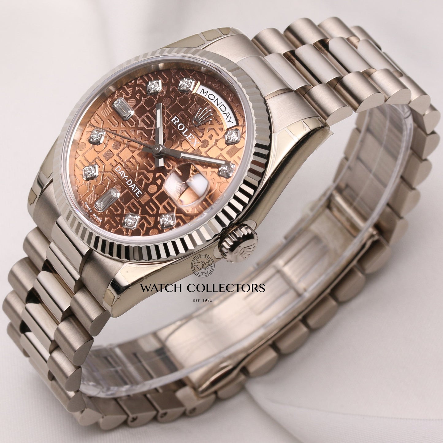 Unworn Factory Full-Set Rolex Day-Date 118239 18K White Gold Brown Jubilee Diamond Dial