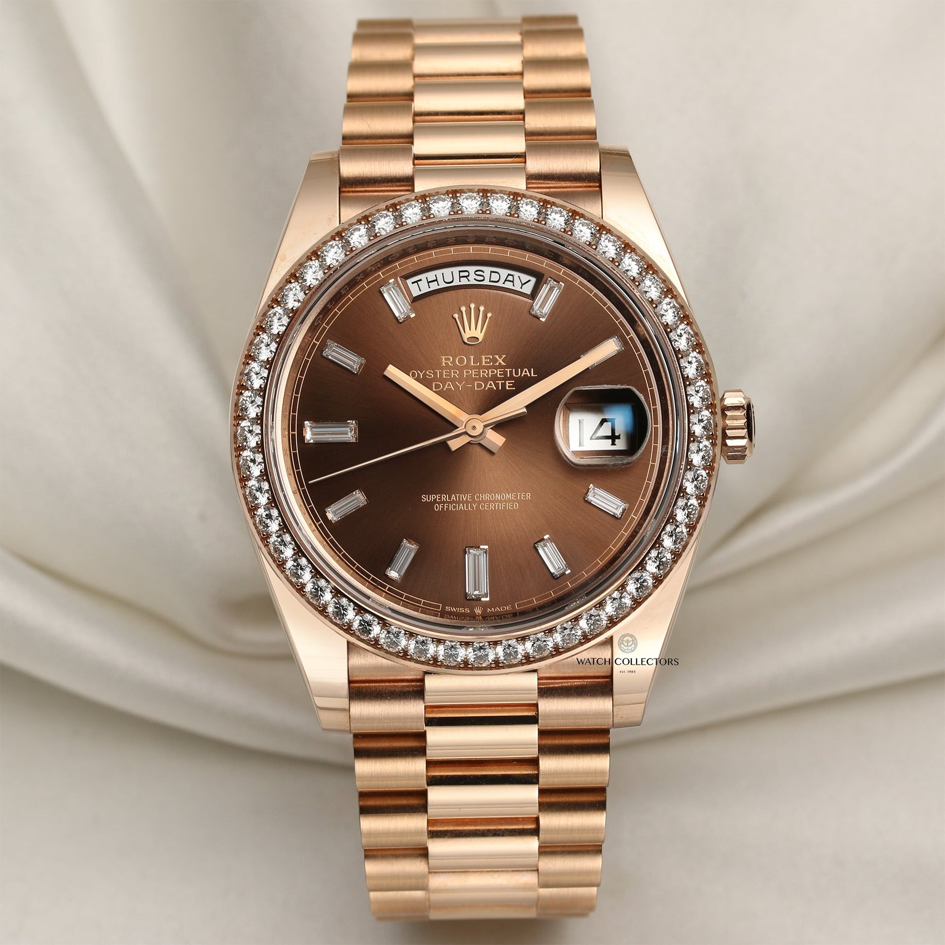 Unworn Rolex Day-Date 228345RBR 18k Rose Gold Chocolate Dial & Baguette Diamonds