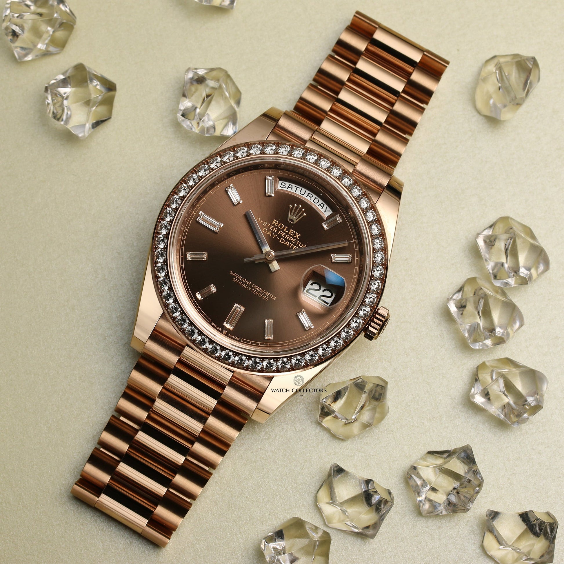 Unworn Rolex Day-Date 228345RBR 18k Rose Gold Chocolate Dial & Baguette Diamonds