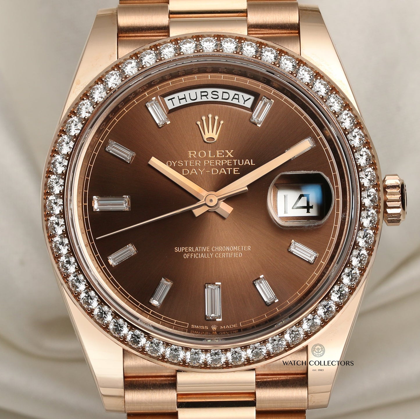 Unworn Rolex Day-Date 228345RBR 18k Rose Gold Chocolate Dial & Baguette Diamonds