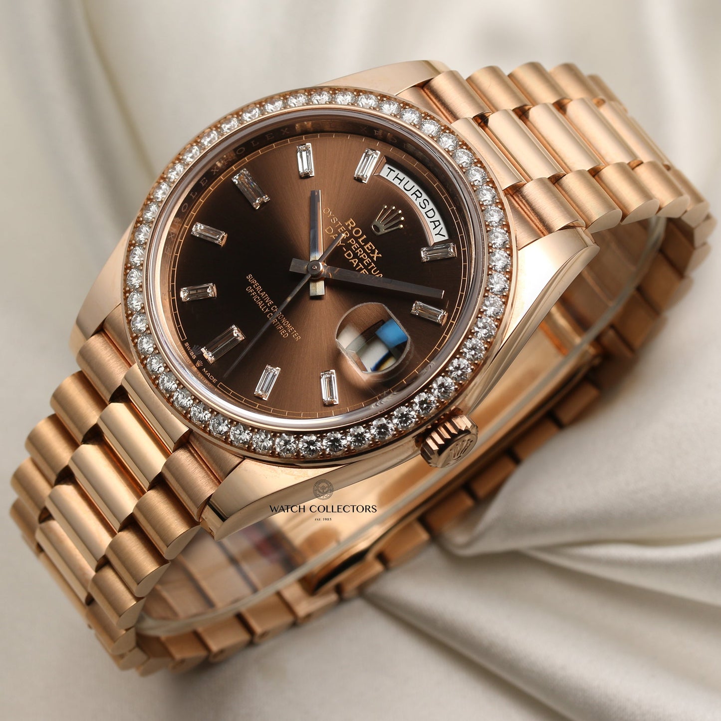 Unworn Rolex Day-Date 228345RBR 18k Rose Gold Chocolate Dial & Baguette Diamonds