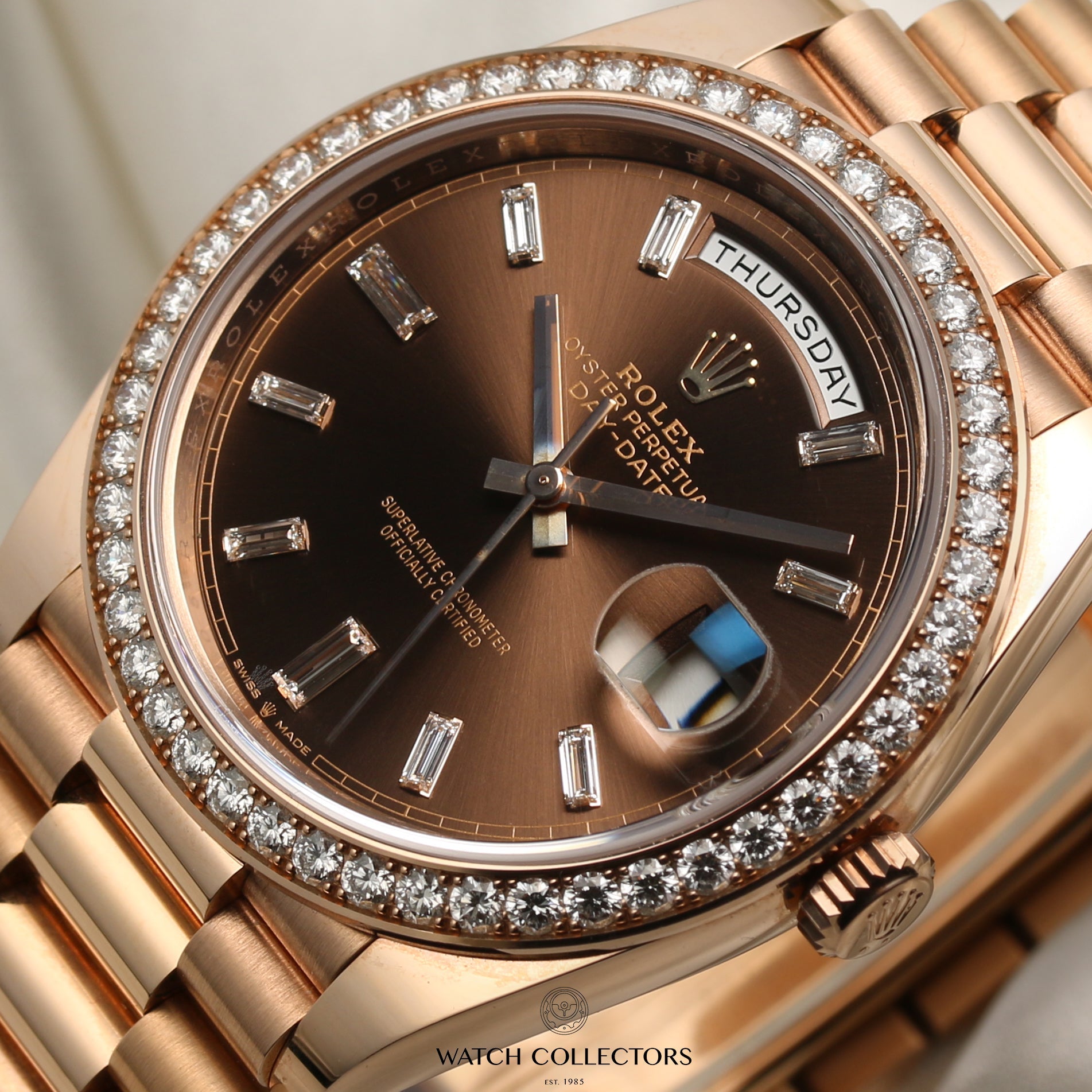 Unworn Rolex Day-Date 228345RBR 18k Rose Gold Chocolate Dial & Baguette Diamonds