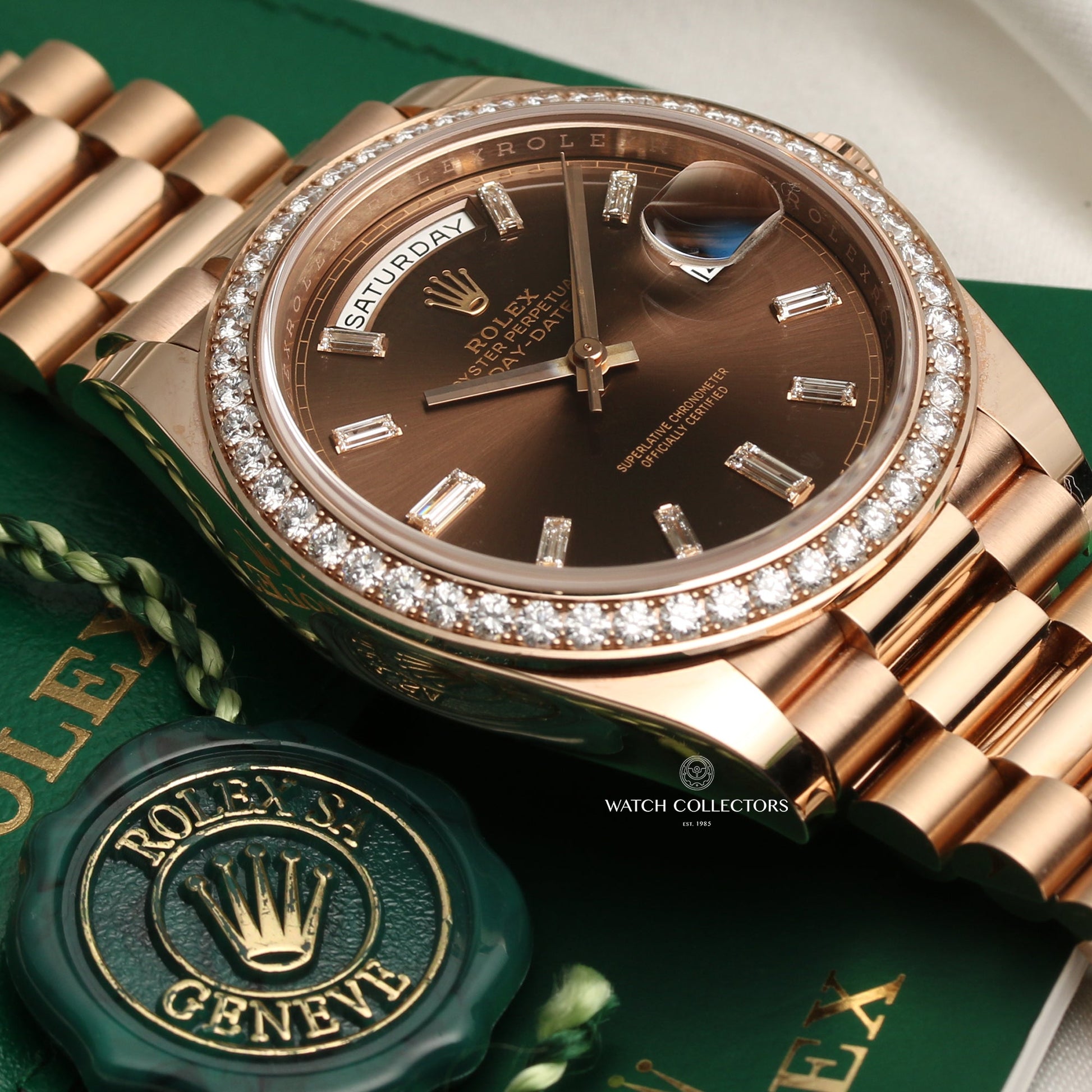 Unworn Rolex Day-Date 228345RBR 18k Rose Gold Chocolate Dial & Baguette Diamonds