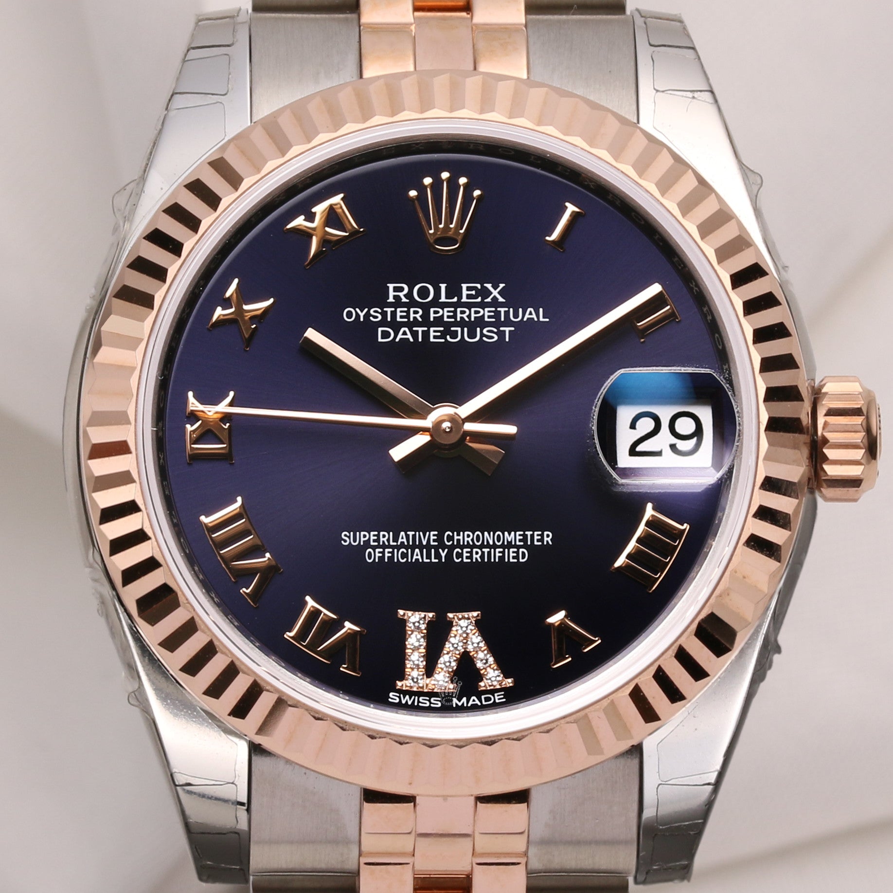 Unworn Factory Rolex Midsize DateJust 178271 Steel & Rose Gold Purple Diamond Dial