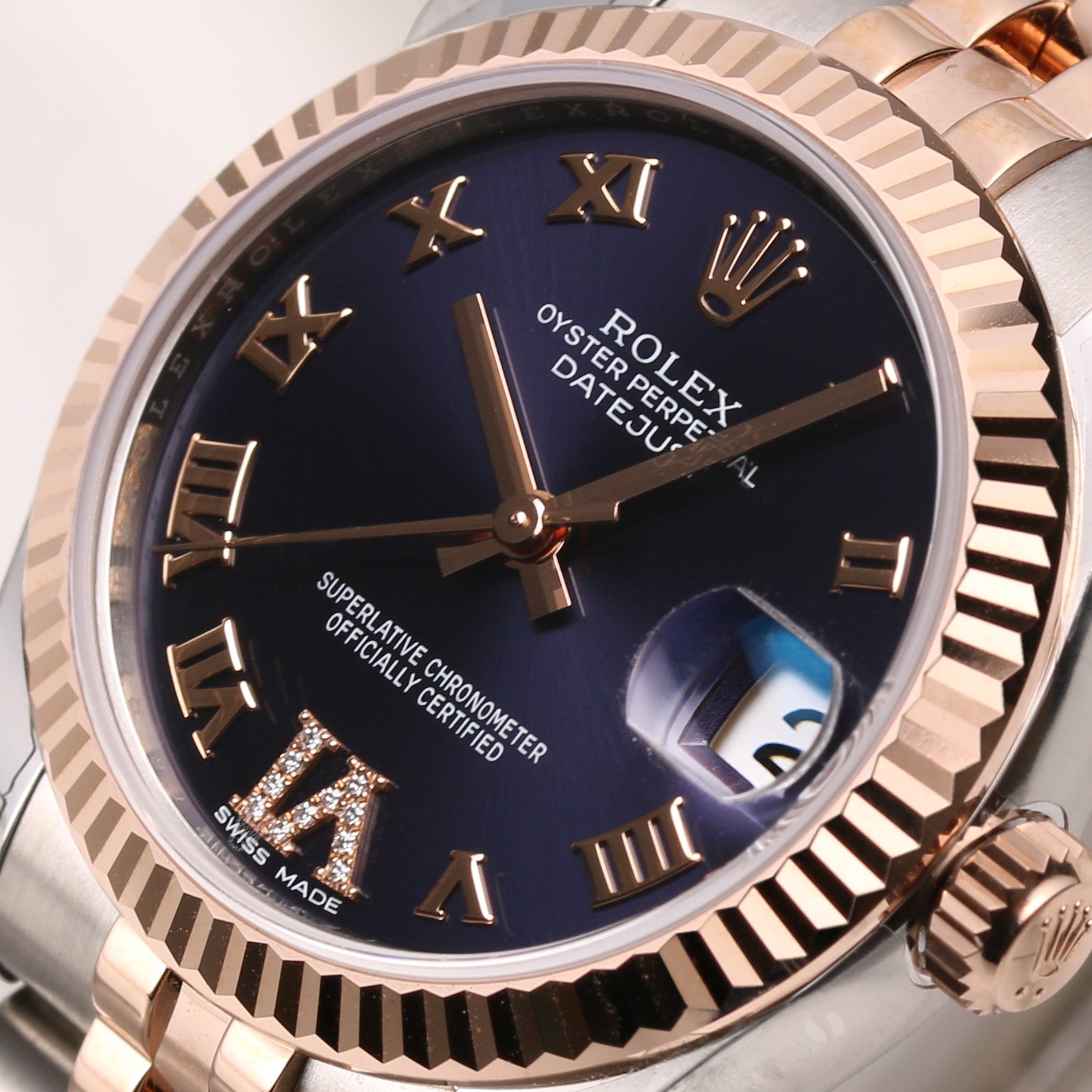 Unworn Factory Rolex Midsize DateJust 178271 Steel & Rose Gold Purple Diamond Dial