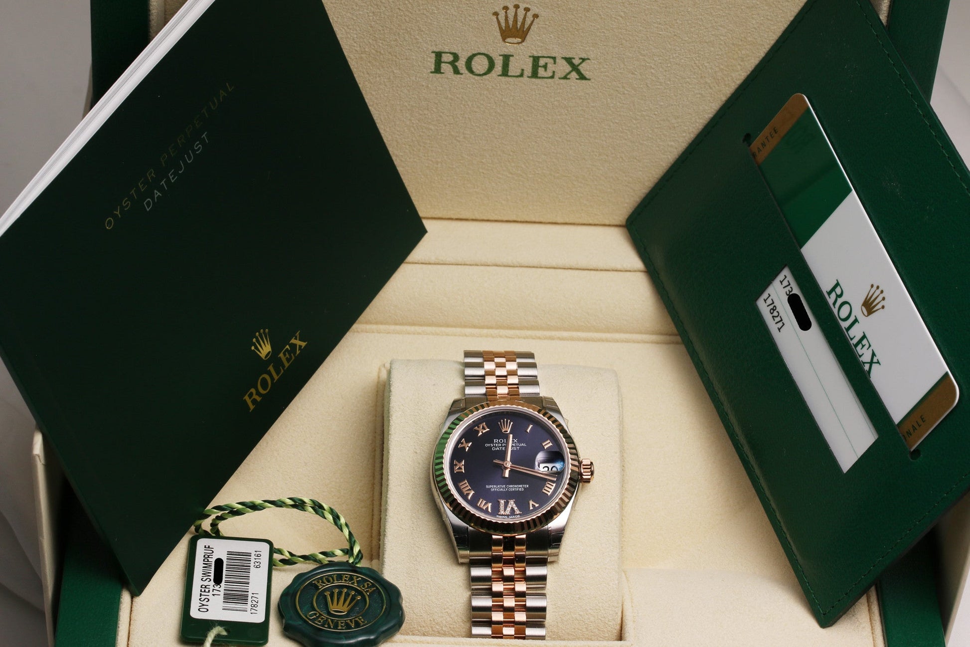 Unworn Factory Rolex Midsize DateJust 178271 Steel & Rose Gold Purple Diamond Dial