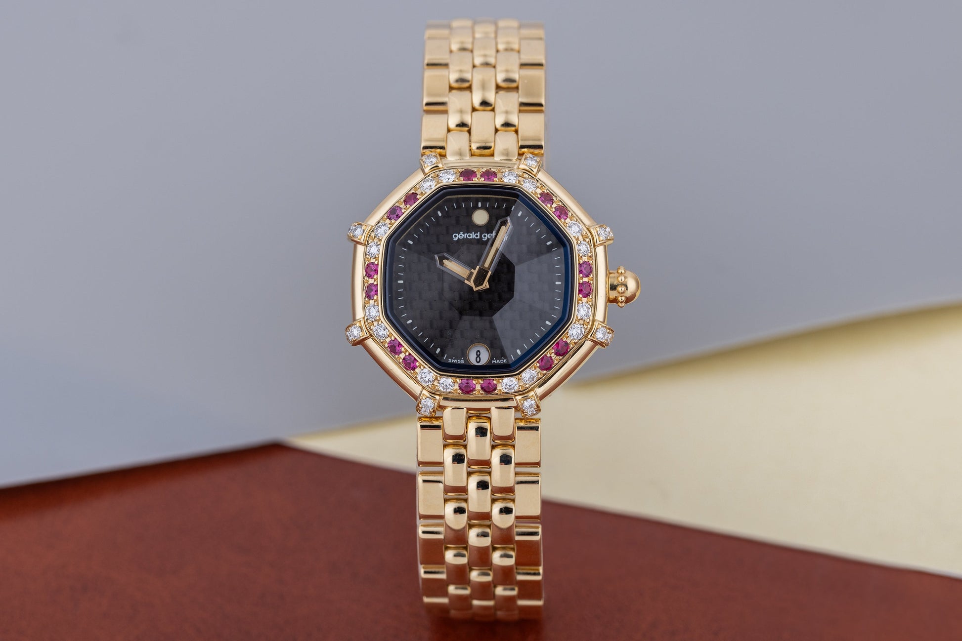 Unworn Gerald Genta Success | REF. G 3351.7 | Octagonal Case | Diamond & Ruby's | Black Dial | 18k Yellow Gold | Circa 1990's