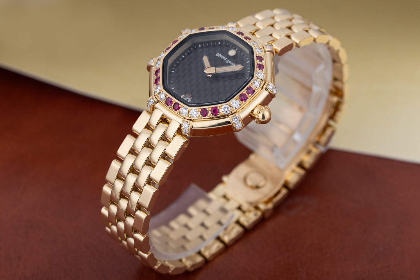 Unworn Gerald Genta Success | REF. G 3351.7 | Octagonal Case | Diamond & Ruby's | Black Dial | 18k Yellow Gold | Circa 1990's