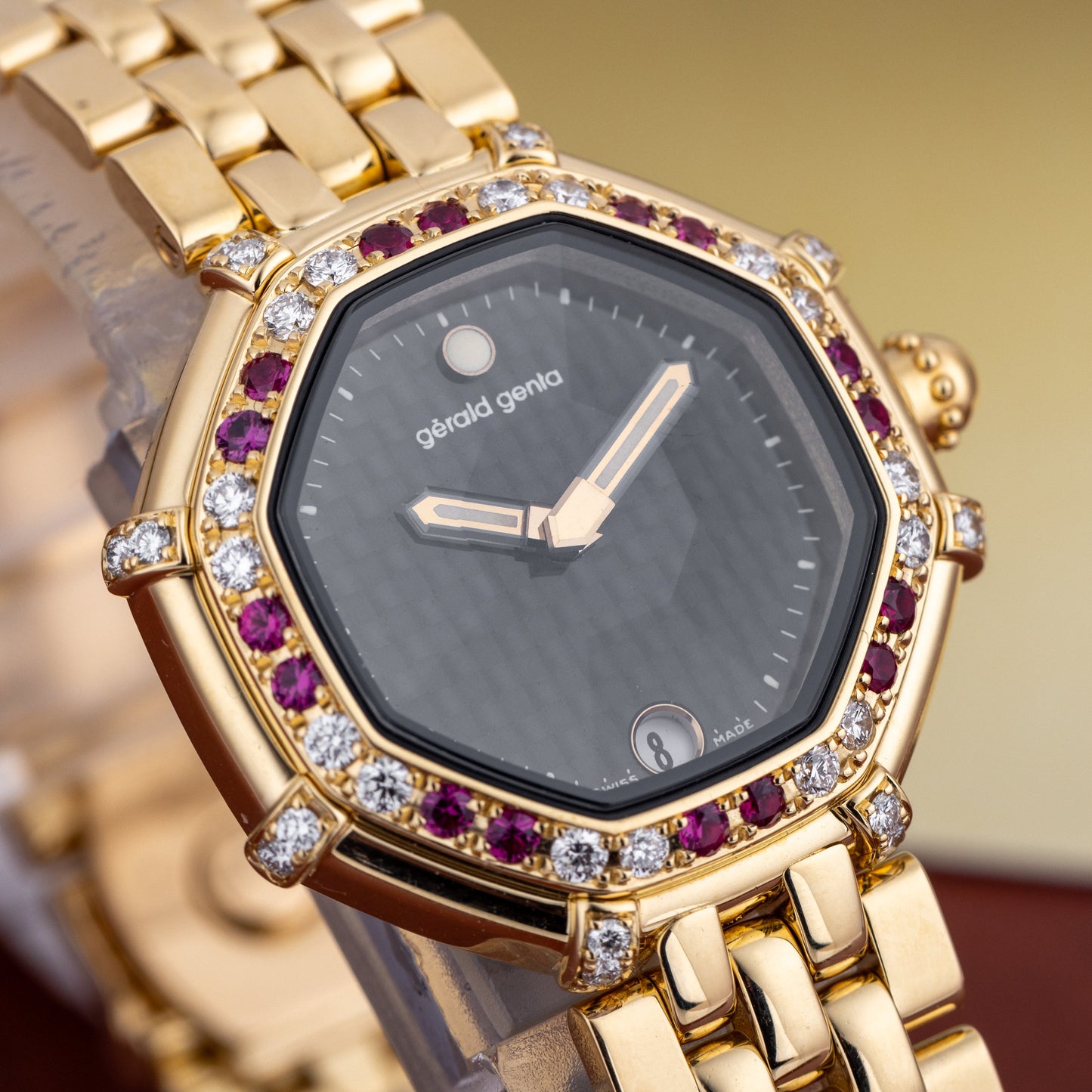 Unworn Gerald Genta Success | REF. G 3351.7 | Octagonal Case | Diamond & Ruby's | Black Dial | 18k Yellow Gold | Circa 1990's