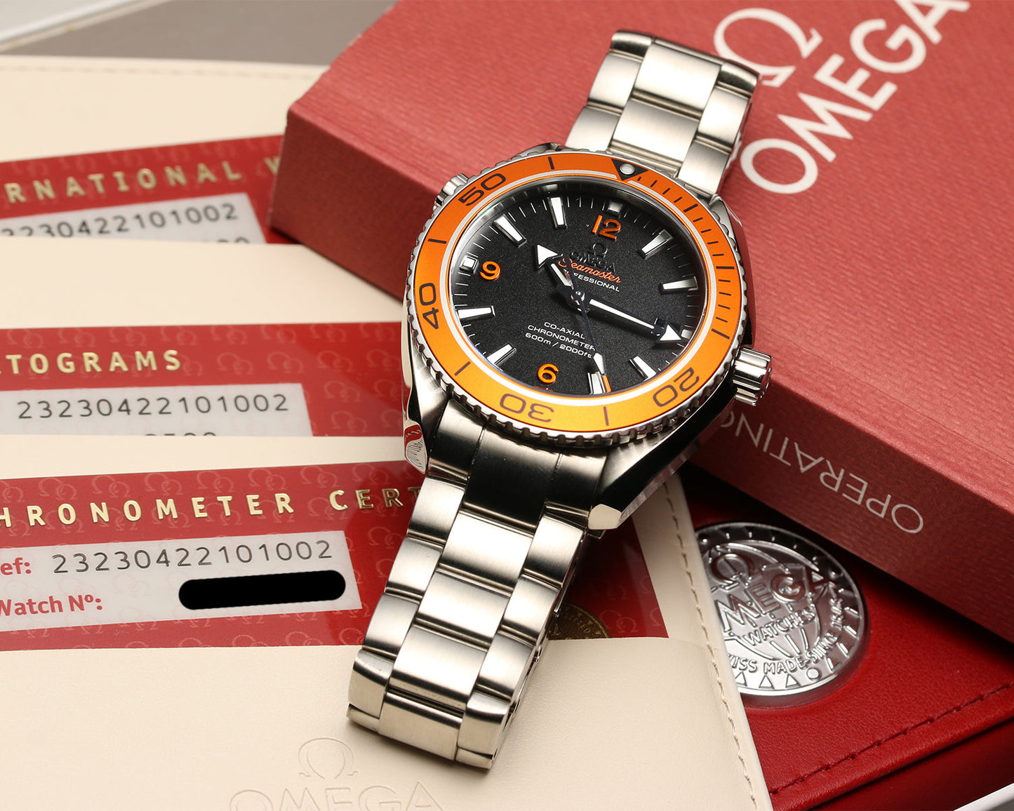 Unworn New Old Stock: Omega Seamaster Planet Ocean Orange Bezel 600m Co-Axial 232.30.42.21.01.002 Stainless Steel