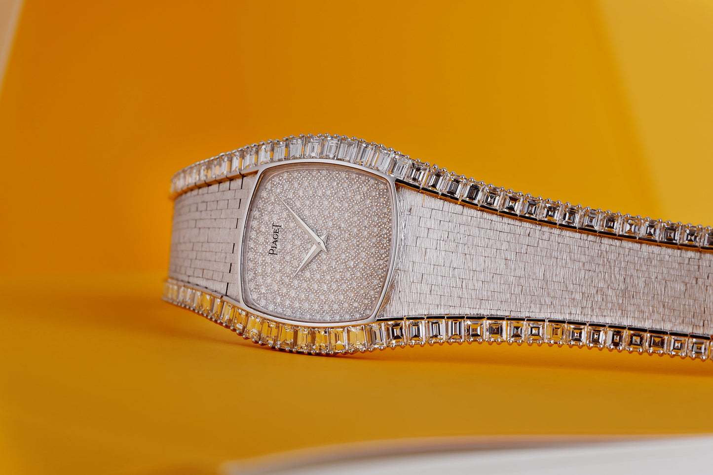 Unworn Vintage & Rare Piaget | Pavé Diamond Dial | 18k White Gold | Circa 1970's | 36mm | Emerald Cut Diamond Bracelet