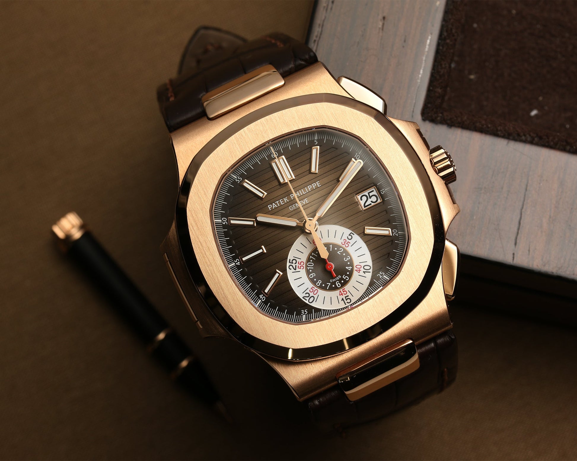 Unworn 2021 | Patek Philippe Nautilus Chronograph 5980R-001 | 18k Rose Gold | Leather Strap