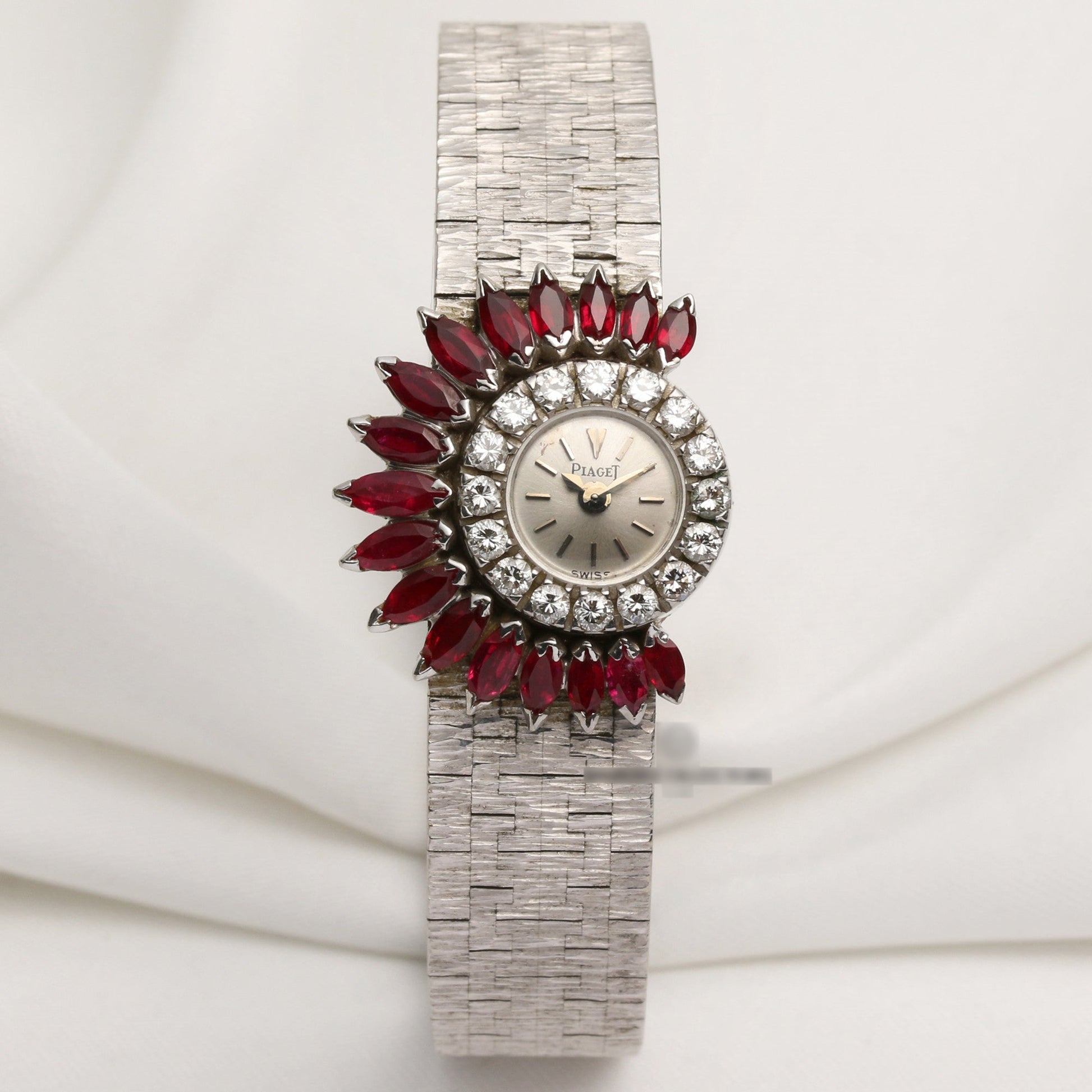 Very Rare & Possibly Unique Factory Piaget 2323A6 18K White Gold Silver Dial Diamond & Ruby Bezel