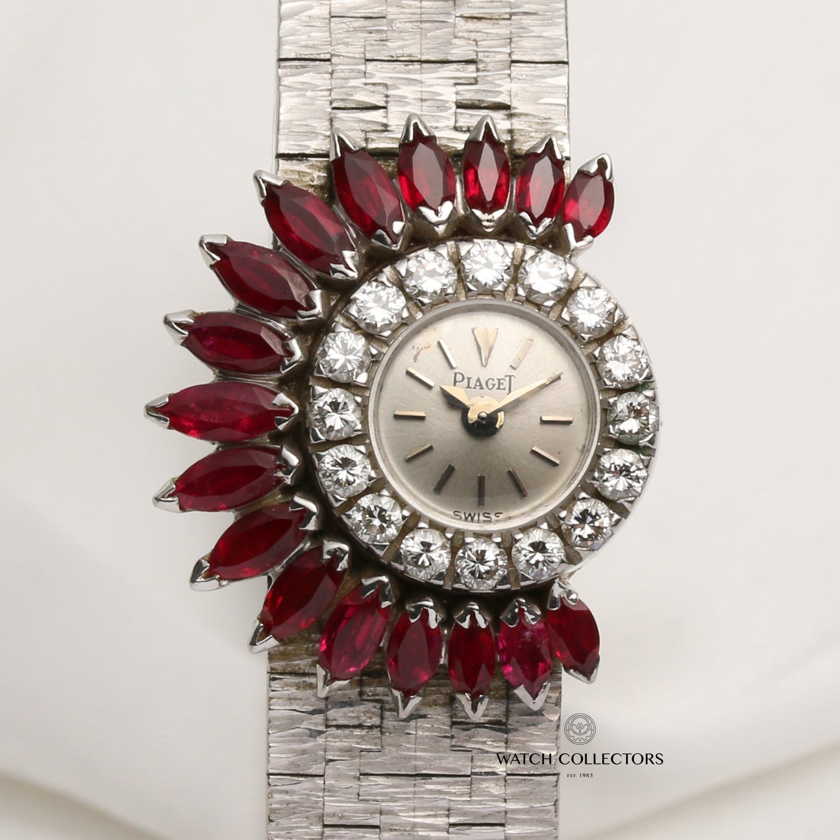 Very Rare & Possibly Unique Factory Piaget 2323A6 18K White Gold Silver Dial Diamond & Ruby Bezel