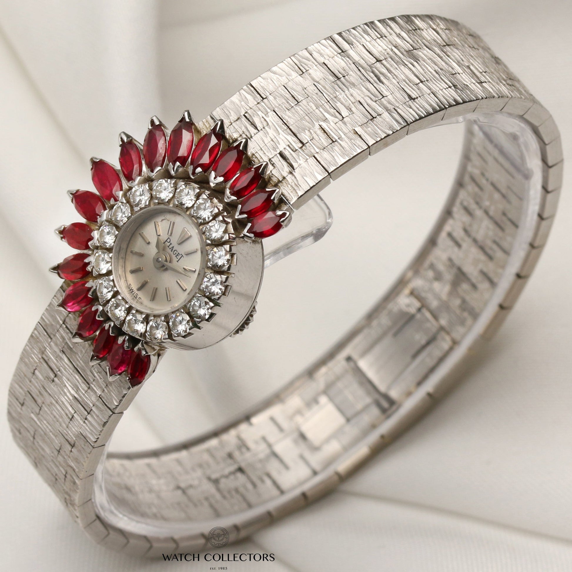 Very Rare & Possibly Unique Factory Piaget 2323A6 18K White Gold Silver Dial Diamond & Ruby Bezel