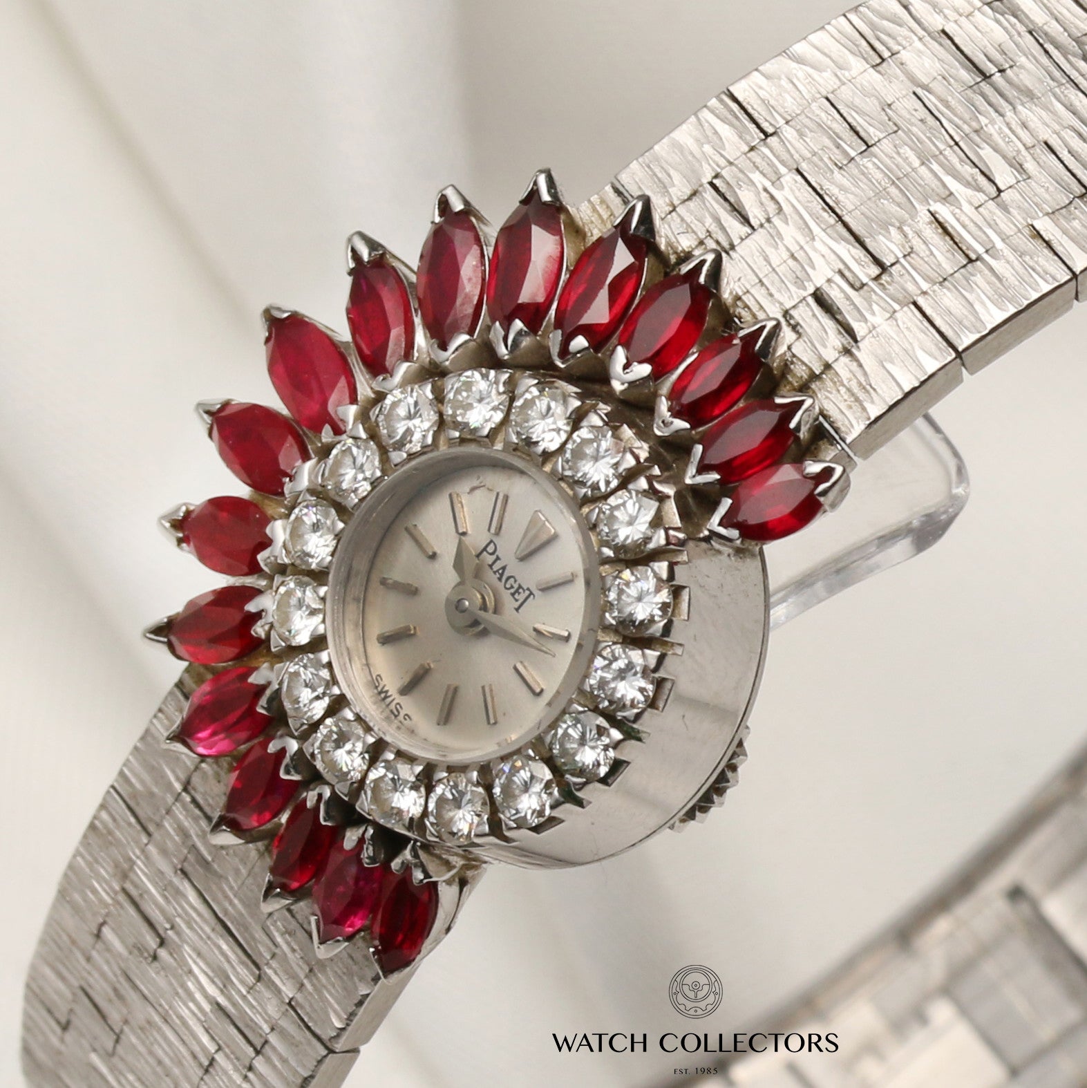 Very Rare & Possibly Unique Factory Piaget 2323A6 18K White Gold Silver Dial Diamond & Ruby Bezel