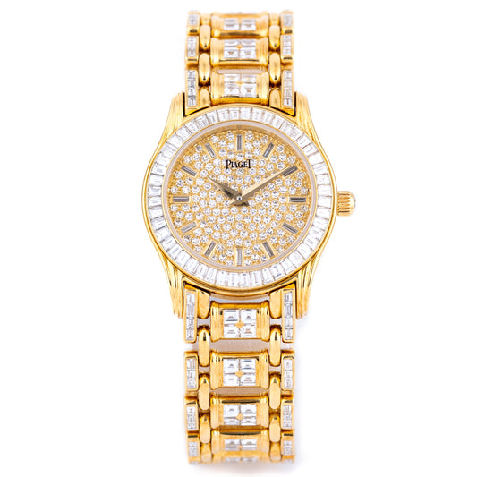 Unworn Piaget Polo Round Ladies Diamond Watch | REF. 22009 M 506 D | 18k Yellow Gold | Pave Diamond Dial with Baguette Diamond Hours | Baguette Diamond Bezel & Bracelet | Circa 2000's