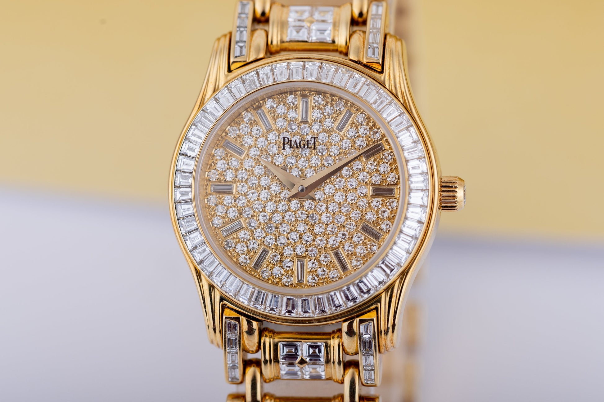 Unworn Piaget Polo Round Ladies Diamond Watch | REF. 22009 M 506 D | 18k Yellow Gold | Pave Diamond Dial with Baguette Diamond Hours | Baguette Diamond Bezel & Bracelet | Circa 2000's