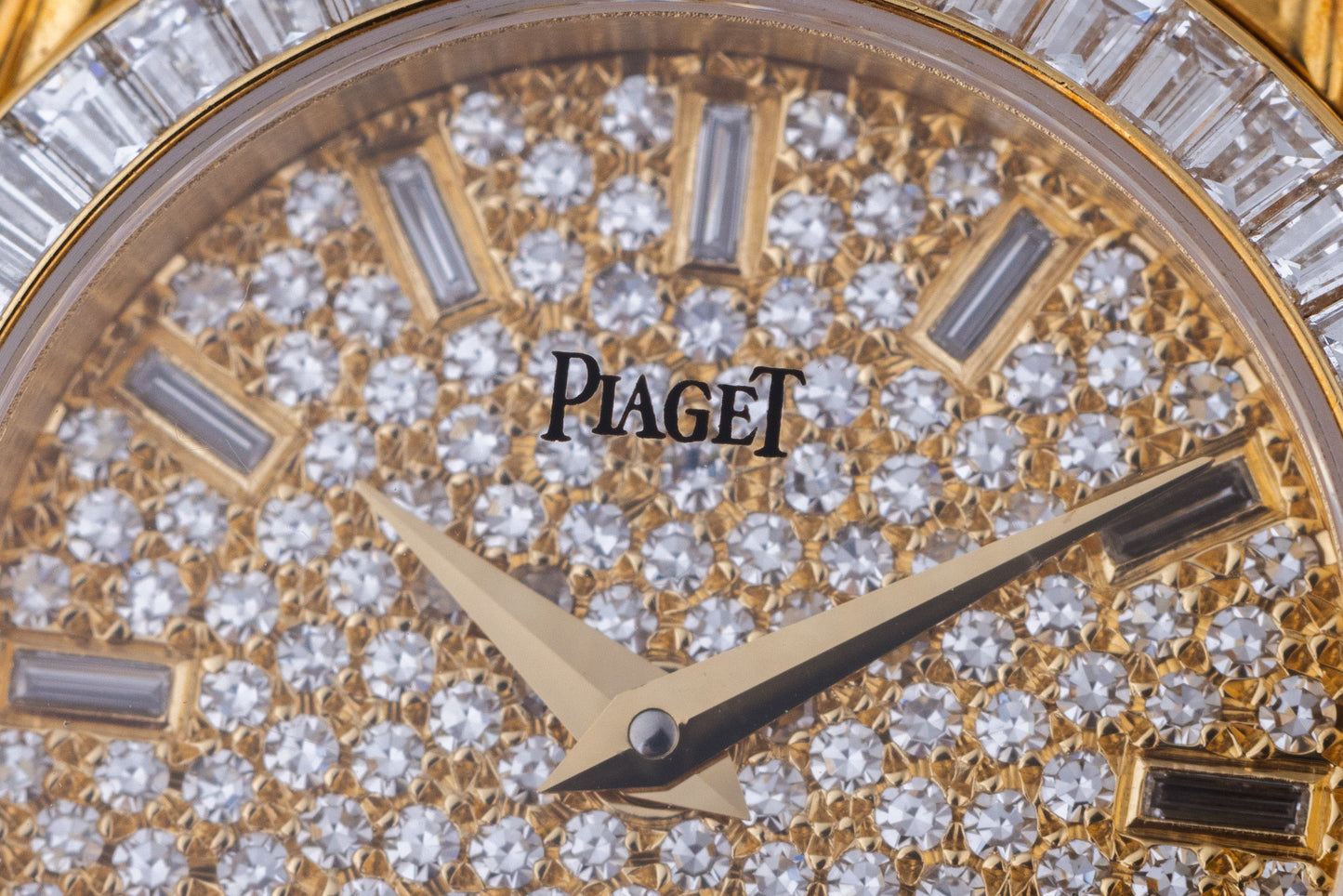 Unworn Piaget Polo Round Ladies Diamond Watch | REF. 22009 M 506 D | 18k Yellow Gold | Pave Diamond Dial with Baguette Diamond Hours | Baguette Diamond Bezel & Bracelet | Circa 2000's