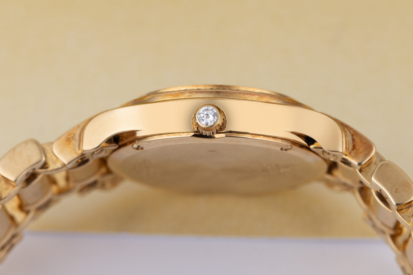 Unworn Piaget Polo Round Ladies Diamond Watch | REF. 22009 M 506 D | 18k Yellow Gold | Pave Diamond Dial with Baguette Diamond Hours | Baguette Diamond Bezel & Bracelet | Circa 2000's