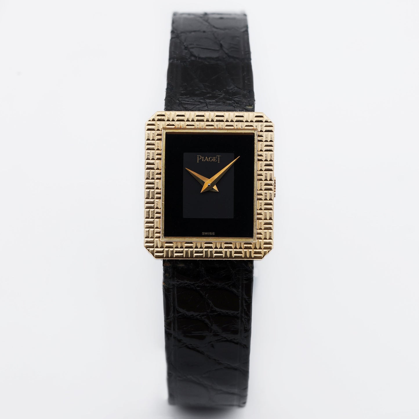 Unworn Piaget Vintage Ladies Wristwatch | REF. 41543 | Black & Grey Dial | Engraved Bezel | 20mm | 18k Yellow Gold | Manual Wind | 1982