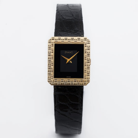 Unworn Piaget Vintage Ladies Wristwatch | REF. 41543 | Black & Grey Dial | Engraved Bezel | 20mm | 18k Yellow Gold | Manual Wind | 1982