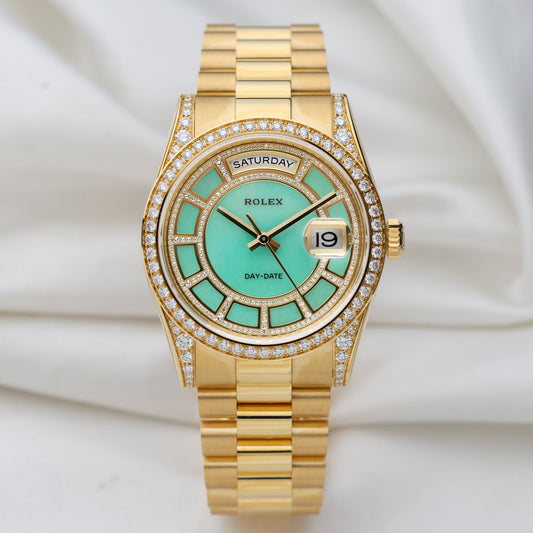 Unworn Rolex Day-Date Carousel | Green Jade Dial | 118388 | Diamond Dial, Bezel & Shoulders | 18k Yellow Gold