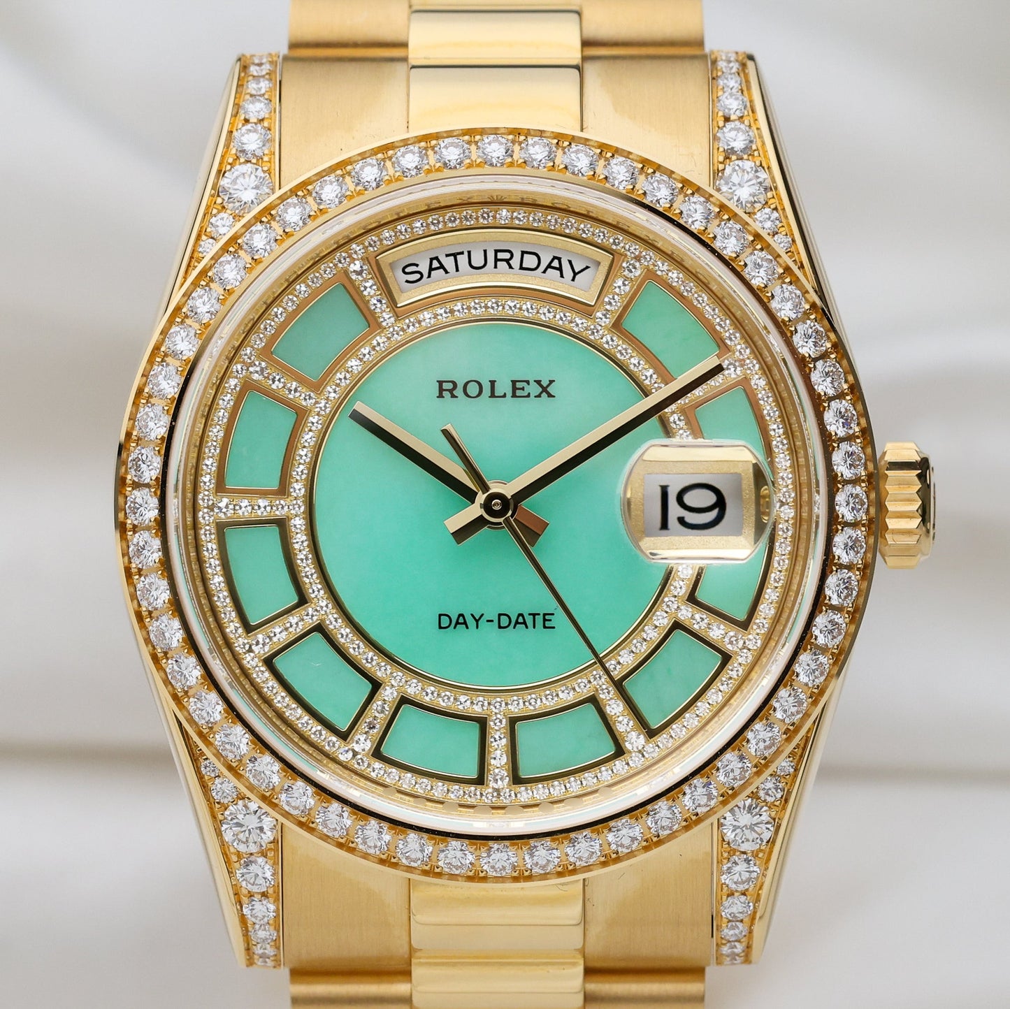 Unworn Rolex Day-Date Carousel | Green Jade Dial | 118388 | Diamond Dial, Bezel & Shoulders | 18k Yellow Gold