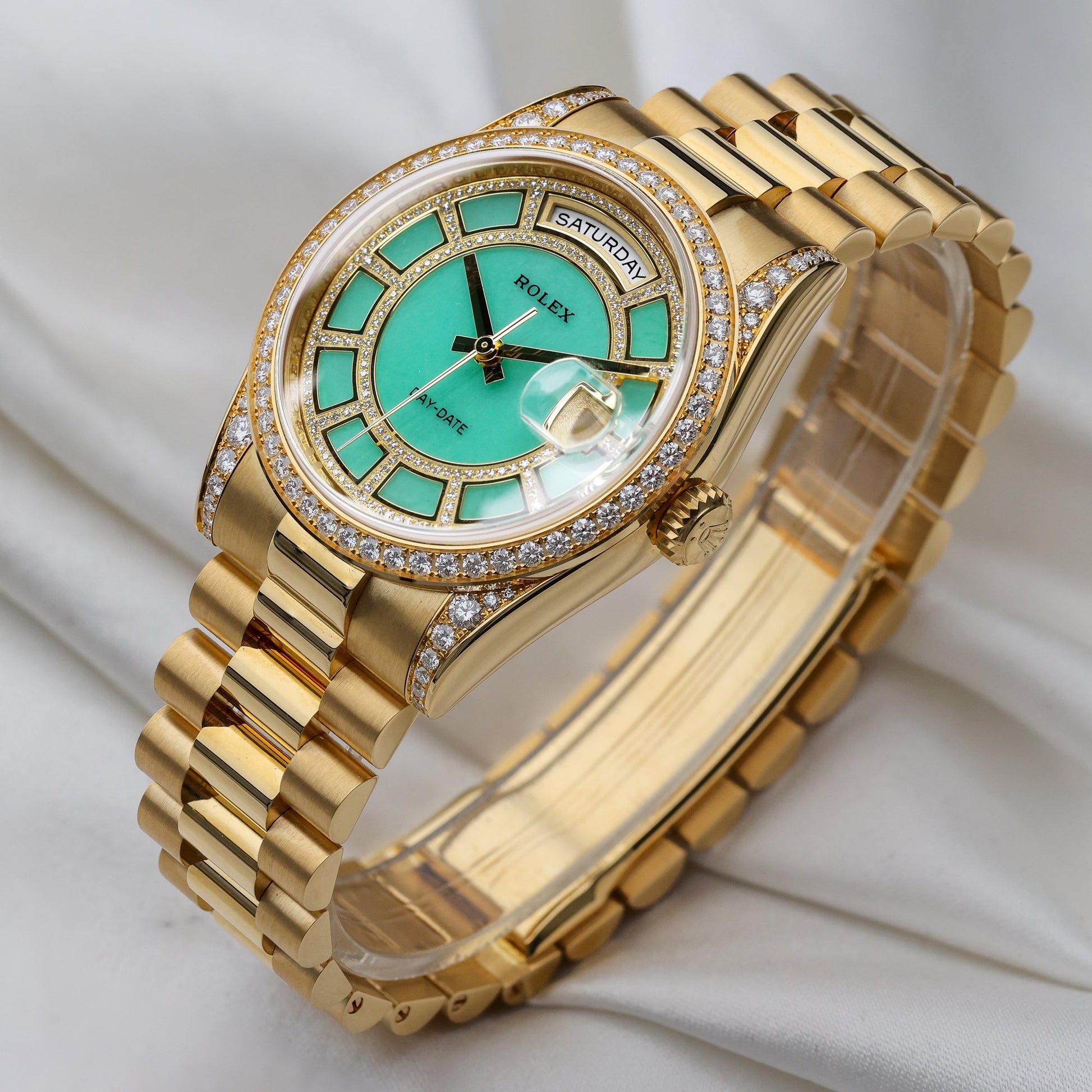 Unworn Rolex Day-Date Carousel | Green Jade Dial | 118388 | Diamond Dial, Bezel & Shoulders | 18k Yellow Gold