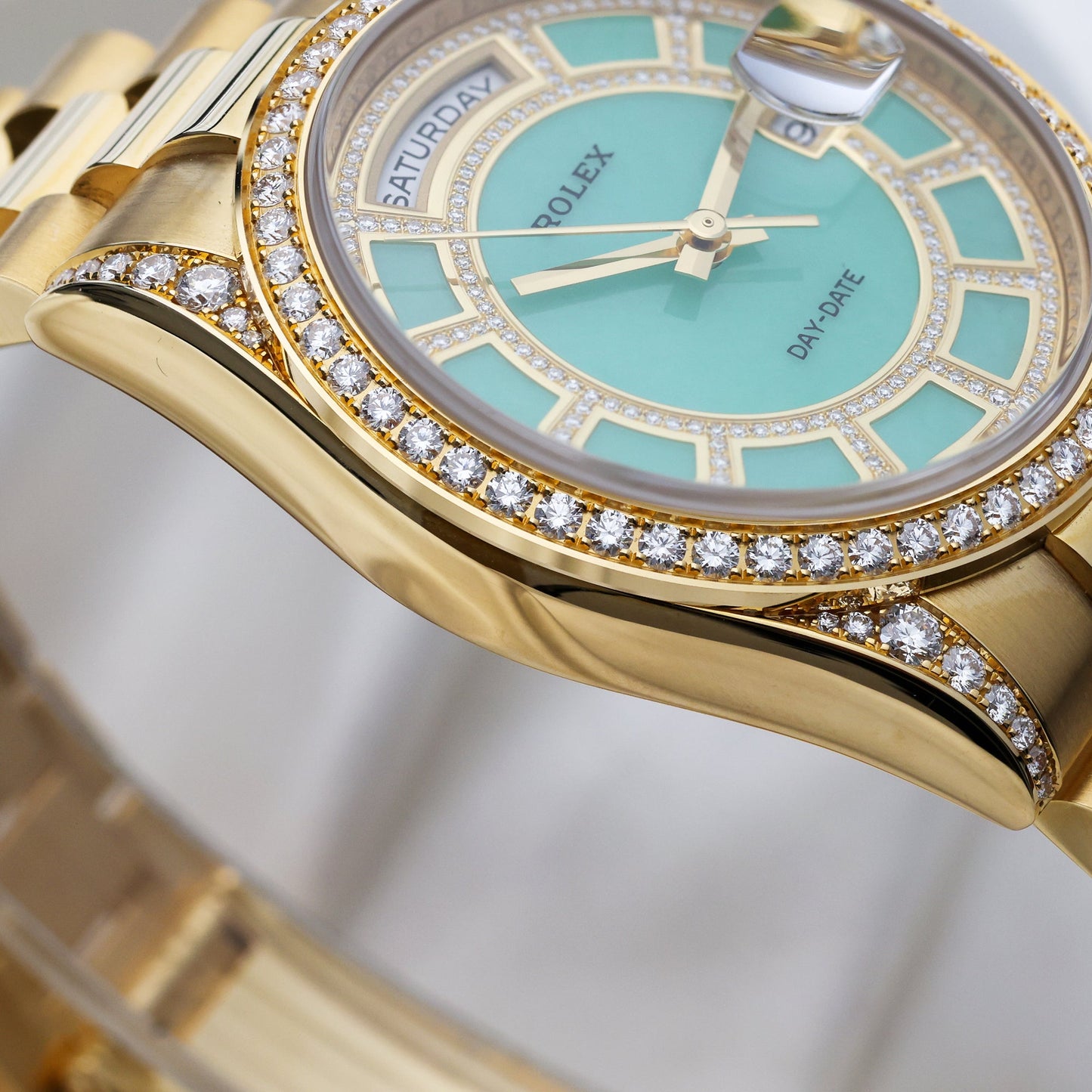 Unworn Rolex Day-Date Carousel | Green Jade Dial | 118388 | Diamond Dial, Bezel & Shoulders | 18k Yellow Gold