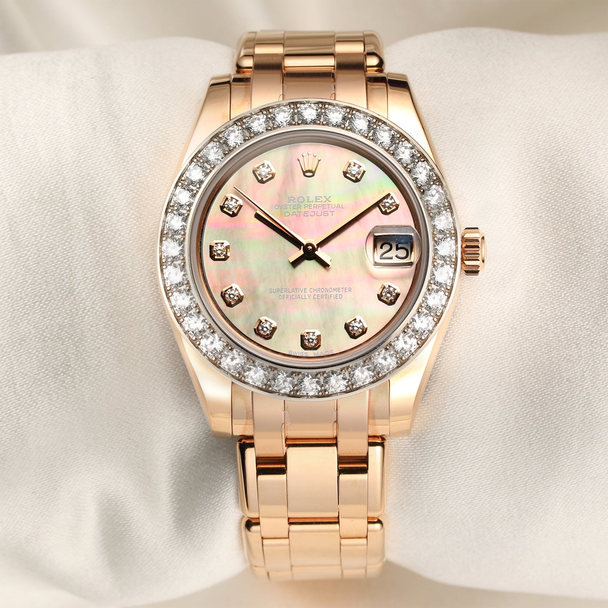 Unworn Rolex Pearlmaster Masterpiece 34 Midsize 81285 | 18k Rose Gold | Black Mother of Pearl Diamond Dial | Diamond Bezel