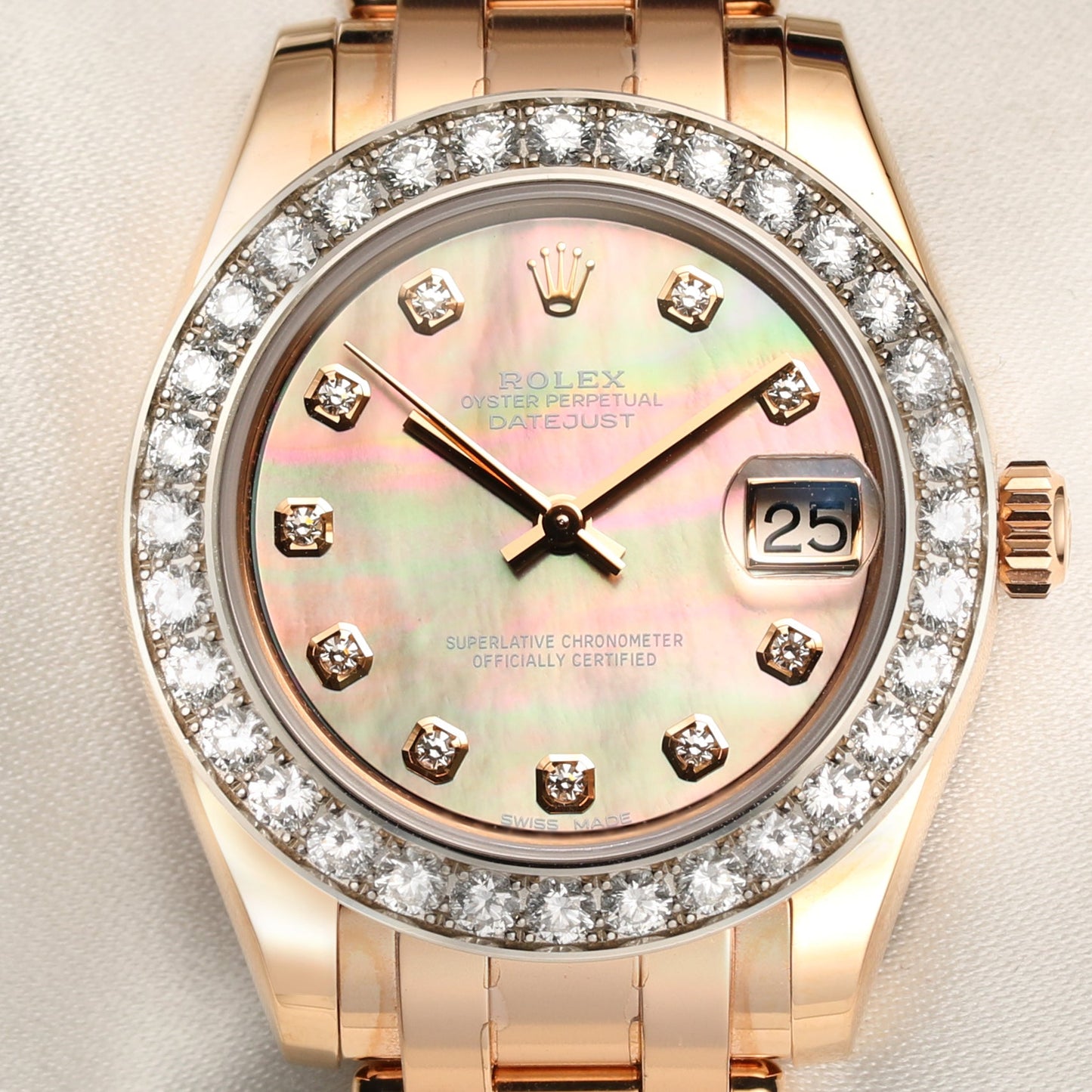 Unworn Rolex Pearlmaster Masterpiece 34 Midsize 81285 | 18k Rose Gold | Black Mother of Pearl Diamond Dial | Diamond Bezel