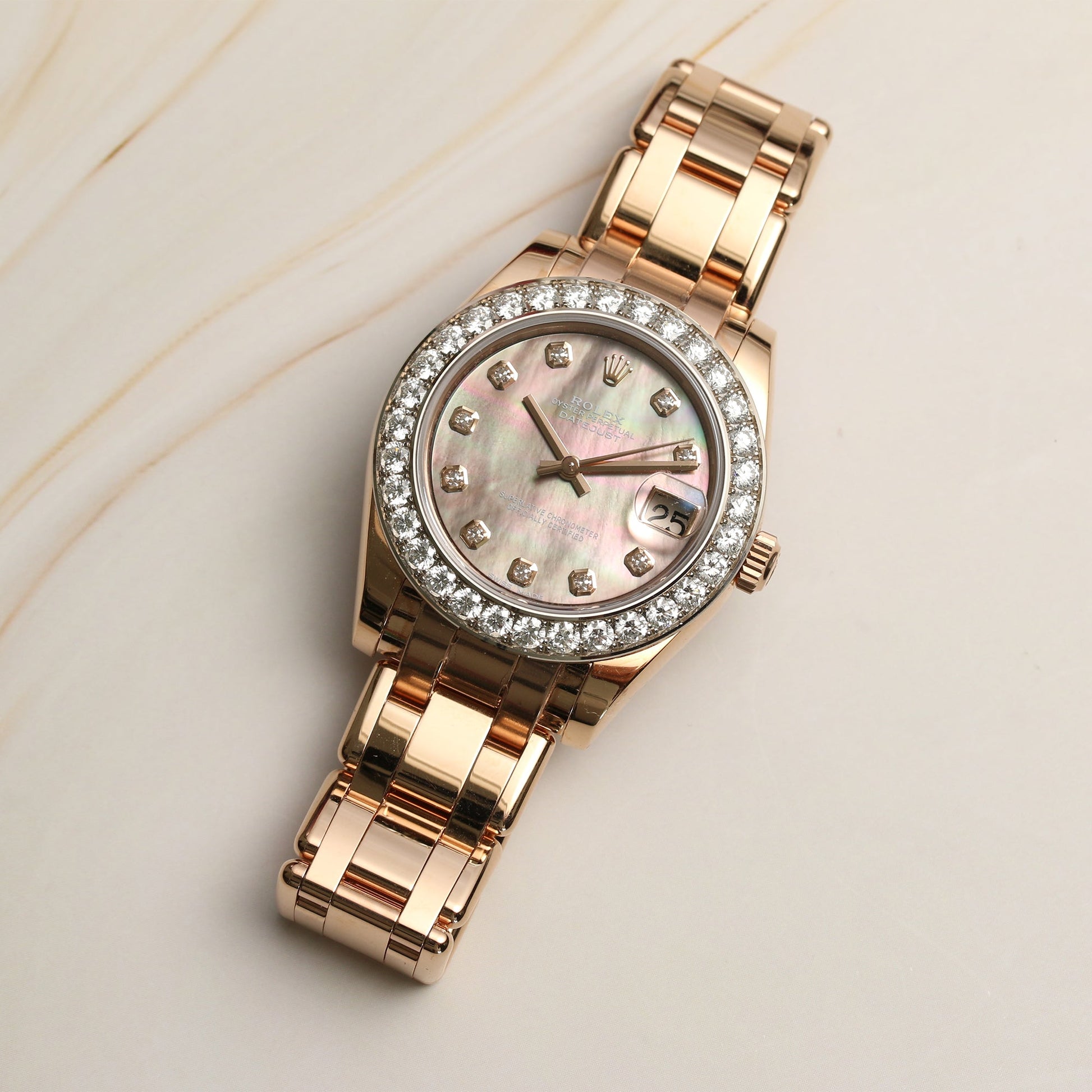 Unworn Rolex Pearlmaster Masterpiece 34 Midsize 81285 | 18k Rose Gold | Black Mother of Pearl Diamond Dial | Diamond Bezel