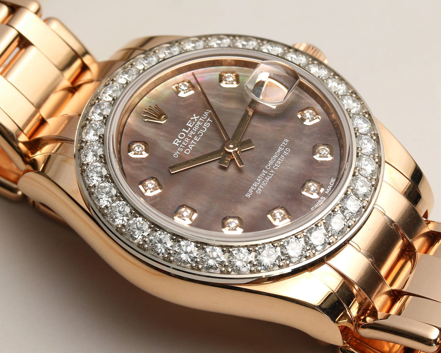 Unworn Rolex Pearlmaster Masterpiece 34 Midsize 81285 | 18k Rose Gold | Black Mother of Pearl Diamond Dial | Diamond Bezel