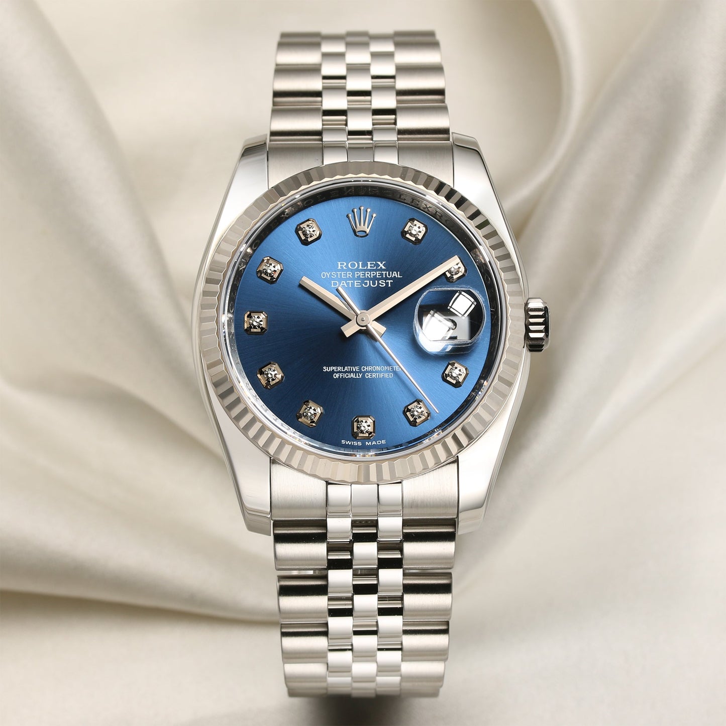 Unworn 2021 Rolex DateJust 126234 Blue Diamond Dial Stainless Steel & 18k White Gold Bezel